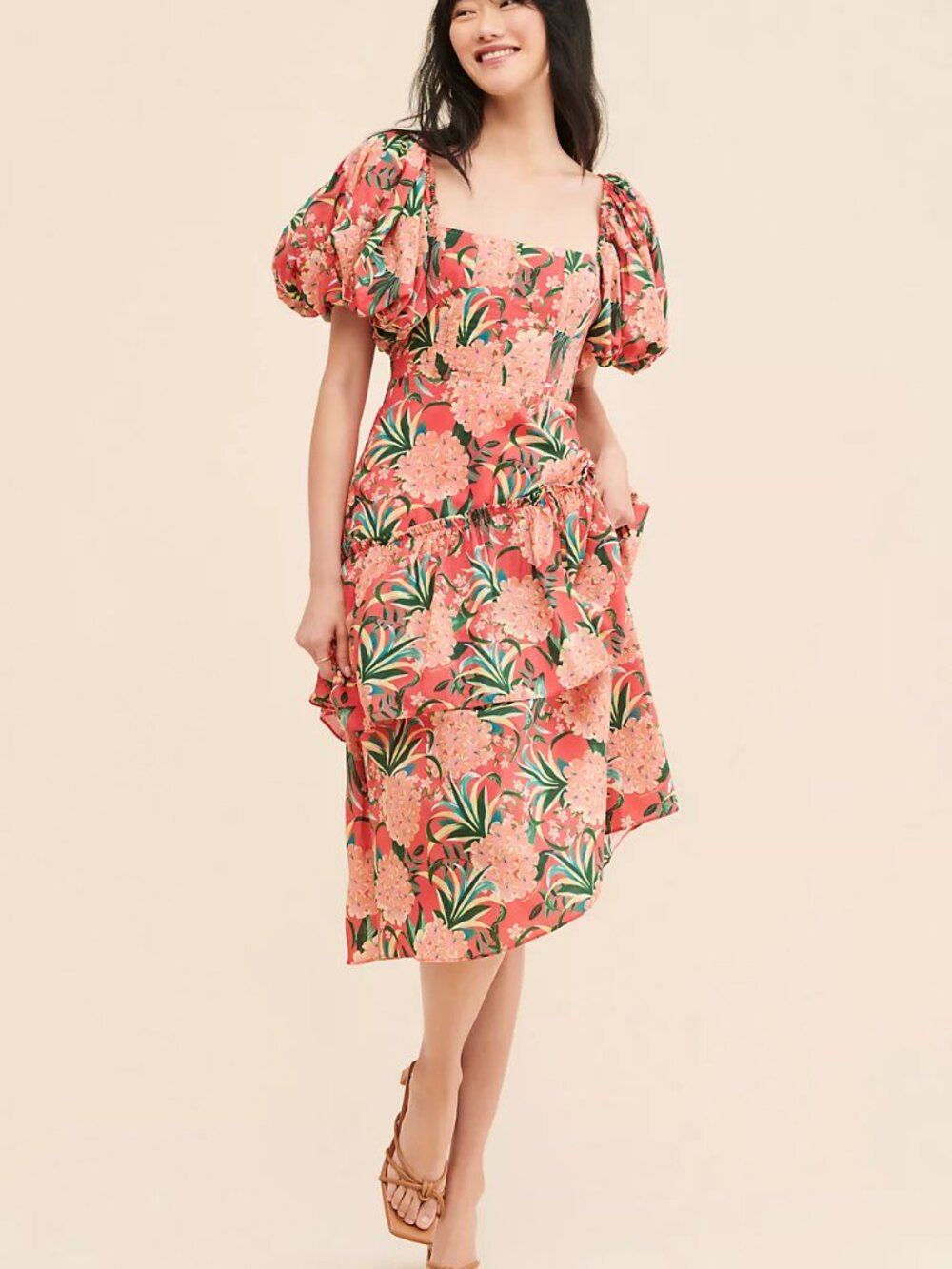 NWT Farm Rio Pineapple Bloom Red Cut Out Midi Dress Puff Sleeve Sz XS $275 - Picture 6 of 7
